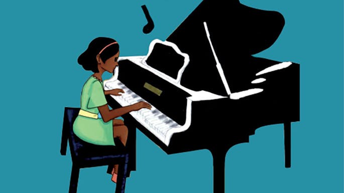 Cartoon illustration of a girl in a teal dress sitting and playing the piano