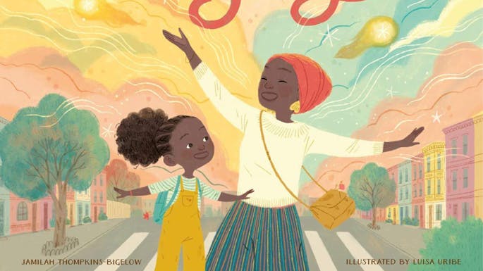 Colorful illustration of a young girl and woman with their arms wide open, singing in the street