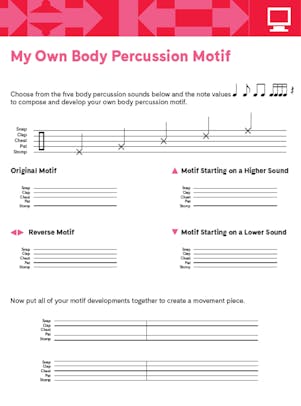 "My Own Body Percussion Motif" exercise with music notation