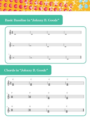 "Basic Bassline in Johnny B. Goode" student activity depicting two sets of music notation