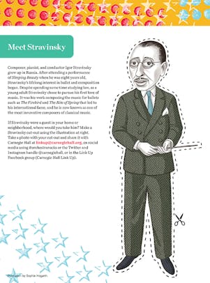"Meet Stravinsky" student activity depicting an illustration of Stravinsky