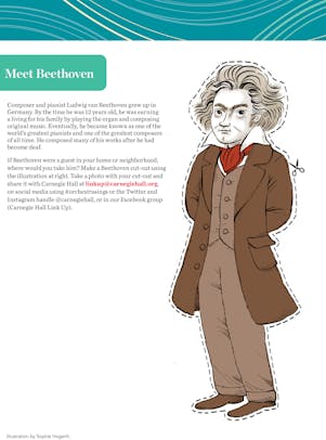 "Meet Beethoven" student activity depicting an illustration of Beethoven