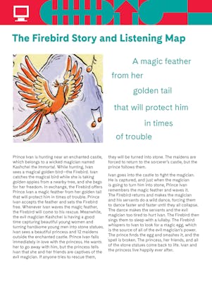 "The Firebird Story and Listening Map" student exercise depicting an illustration of a flying firebird
