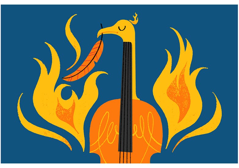 Illustration of an orange cello with a flaming bird as the neck