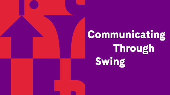 "Communicating Through Swing" over a red and purple geometric design