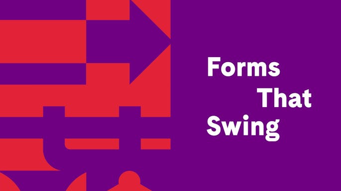 "Forms That Swing" over a red and purple geometric design