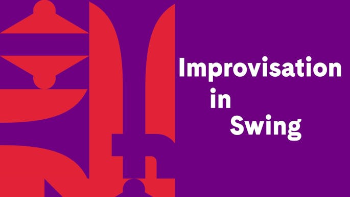 "Improvisation in Swing" over a red and purple geometric design