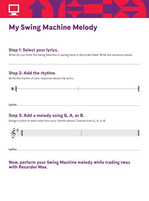 "My Swing Machine Melody" listing three steps to create a melody