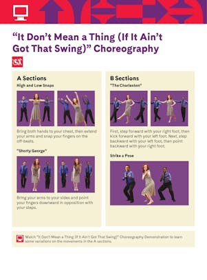 "It Don't Mean A Thing Choreography" student activity depicting a woman and two men performing dance moves