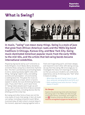"What is Swing?" student activity with images of a man and woman dancing and a swing band performing