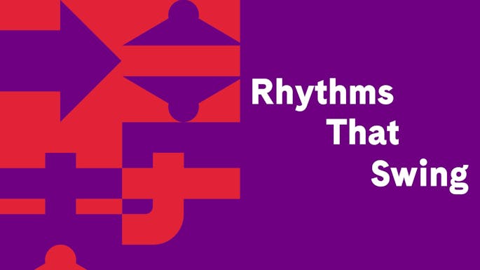 "Rhythms That Swing" over a red and purple geometric design