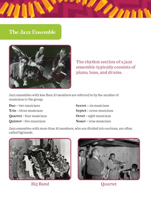 "The Jazz Ensemble" student activity depicting a rhythm section, big band, and quartet