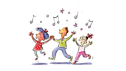 Illustration of children dancing with musical notes above their heads