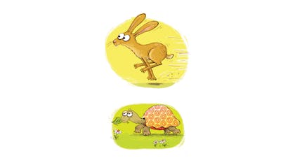 A hare running, followed by a tortoise walking