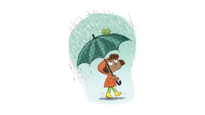 A child in the rain holding up an umbrella with a frog sitting on top of it