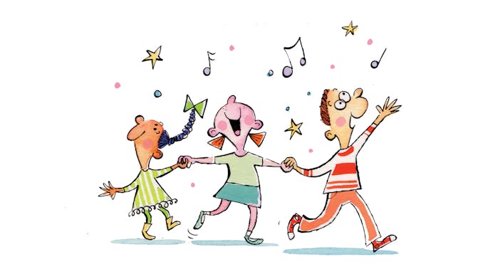 Three children dancing with music notes and stars above their heads