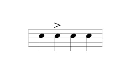 Four quarter notes with an accent on the second note