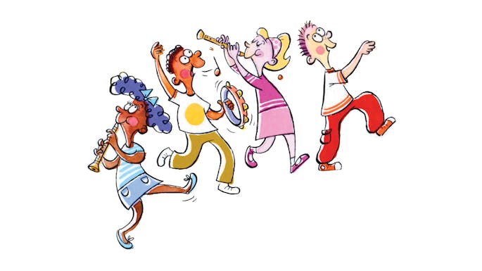 Children dancing and playing recorder and tambourine