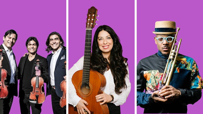 The Villalobos brothers holding violins, Julia holding a guitar, and Etienne holding a trumpet