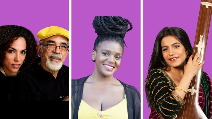 Julia and Juan, Starr, and Falu against purple backgrounds