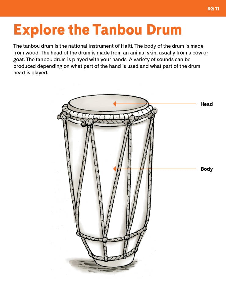 Student activity "Explore the Tanbou Drum" with an illustration of a tanbou drum