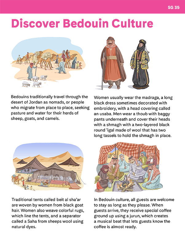 "Discover Bedouin Culture" student worksheet with illustrations of Bedouin people and tents in the desert