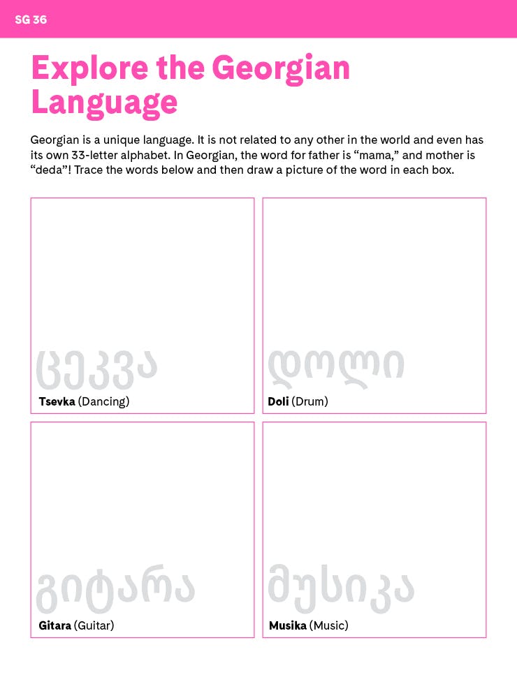 "Explore the Georgian Language" Georgian words chart