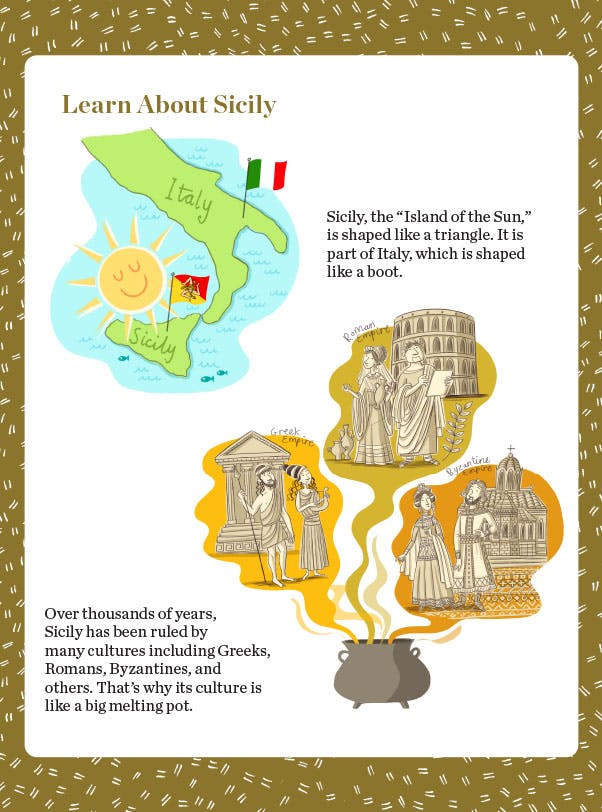 "Learn About Sicily" student activity depicting a map illustration of Italy