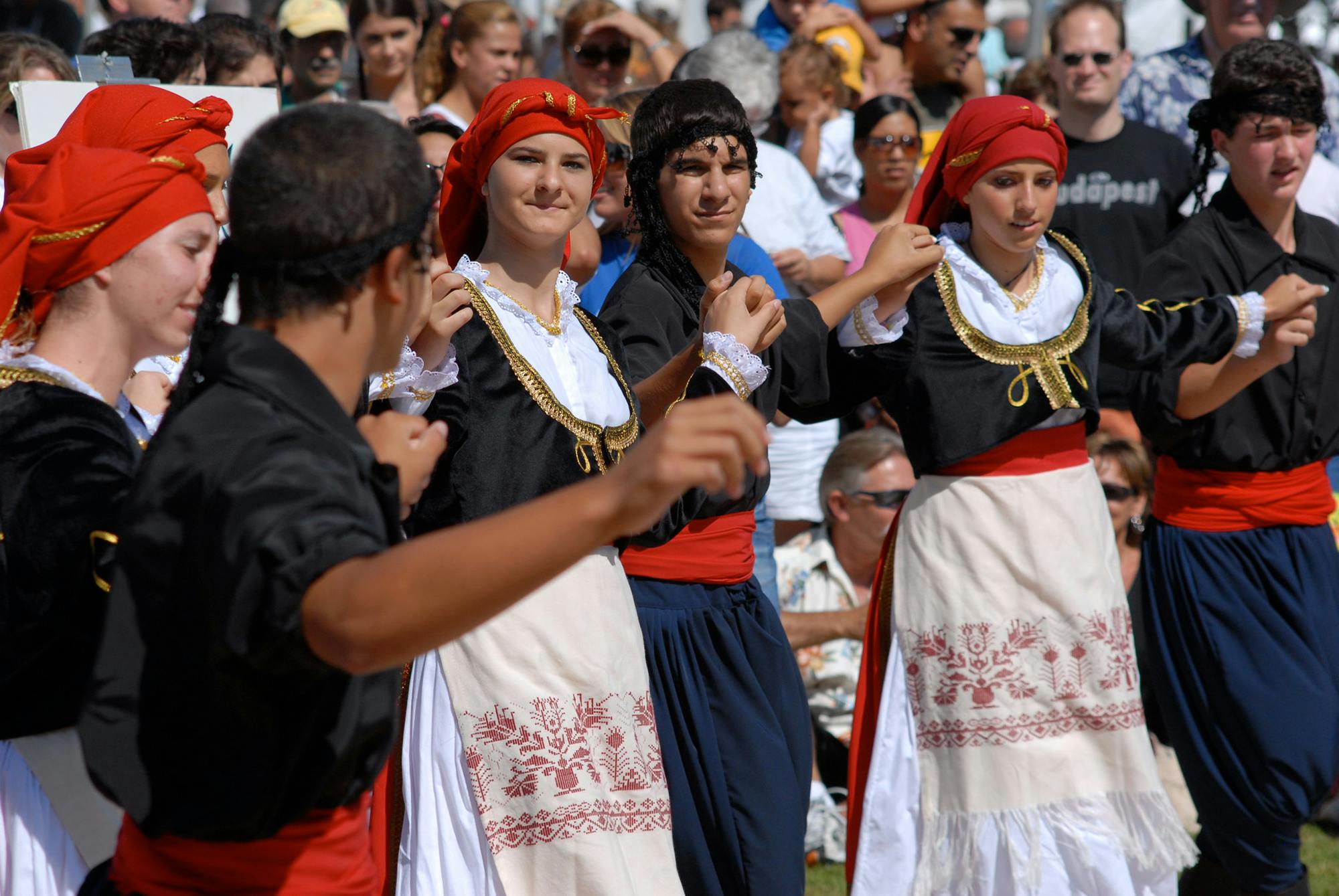 Traditional Greek dancers perform