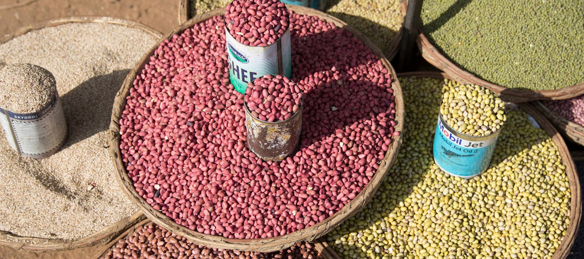 Grains on display in a market in Bungoma, Kenya