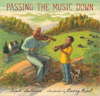 Cover art for "Passing It Down" depicting an older man and a young boy playing fiddle together in the countryside