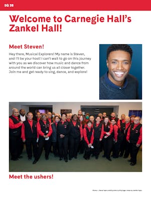 "Welcome to Carnegie Hall's Zankel Hall! Meet Steven!" with a smiling Steven and a group of ushers wearing black uniforms and red shirts