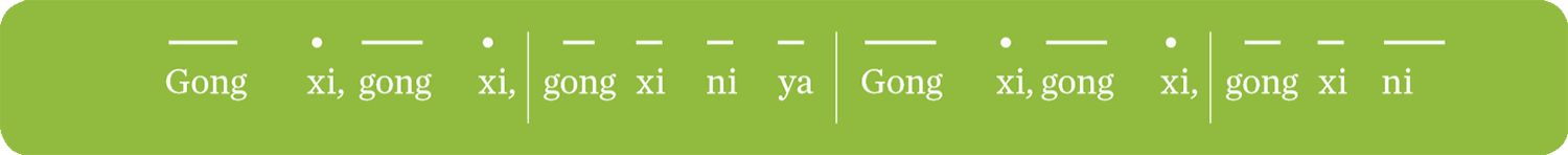 The rhythm of "Gong Xi, Gong Xi" represented in dashes and dots
