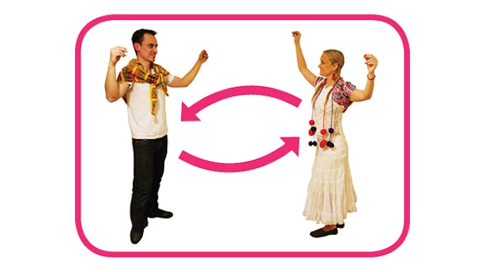 A man and woman perform a dance move from the chacarera