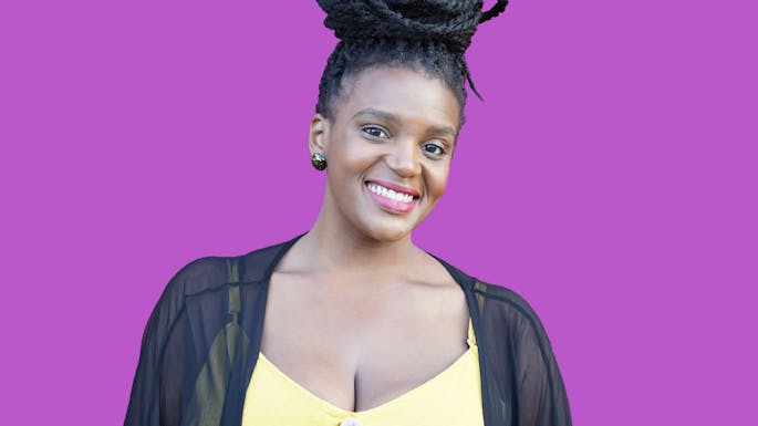 Starr against a purple background