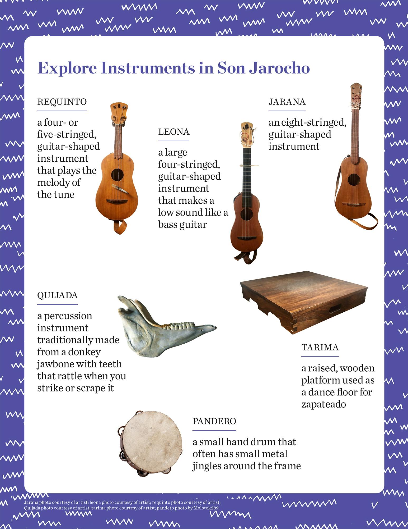"Explore Instruments in Son Jarocho" student activity depicting several musical instruments: a jarana, requinto, leona, quijada, pandero, and tarima