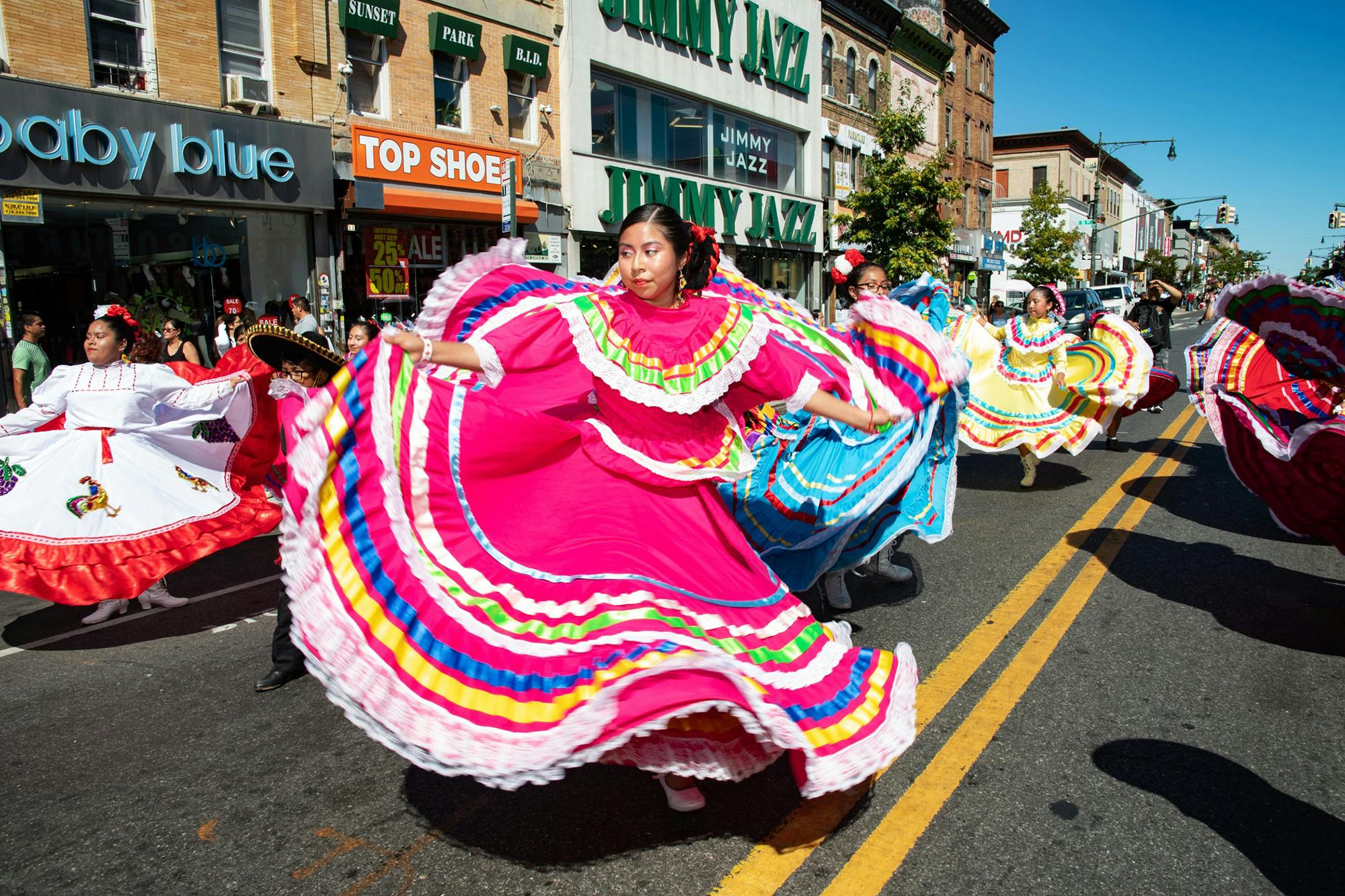 Dancers on a street during the Mexican Independence Day Parade
