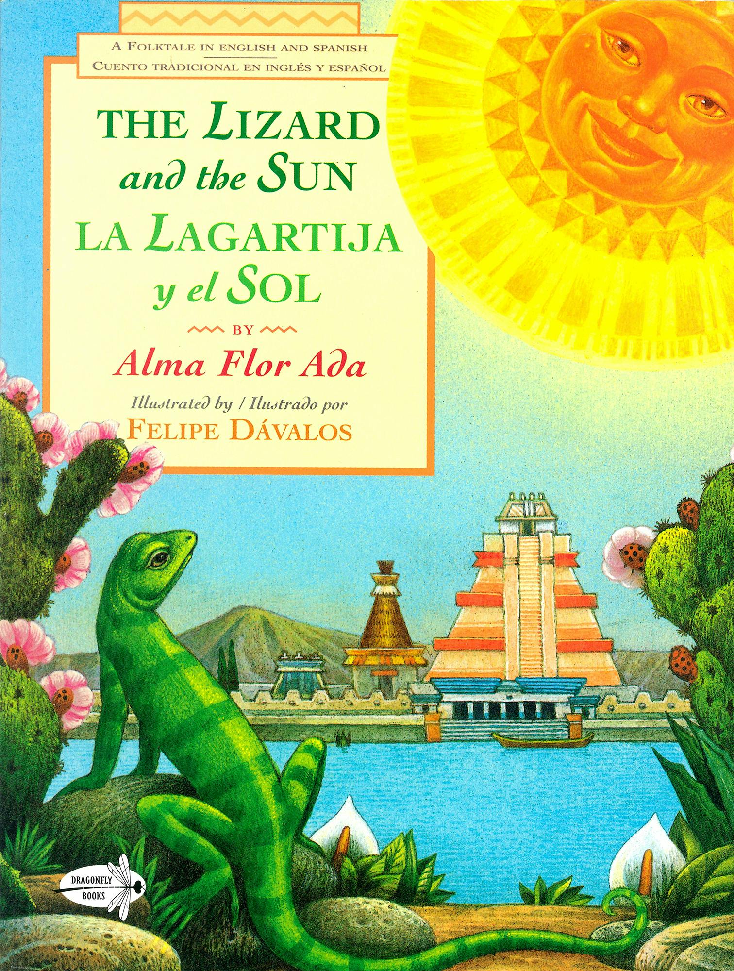 "The Lizard and the Sun (La Lagartija y el Sol)" book cover depicting a lizard looking across the water at a Mexican pyramid as a smiling sun beams down.