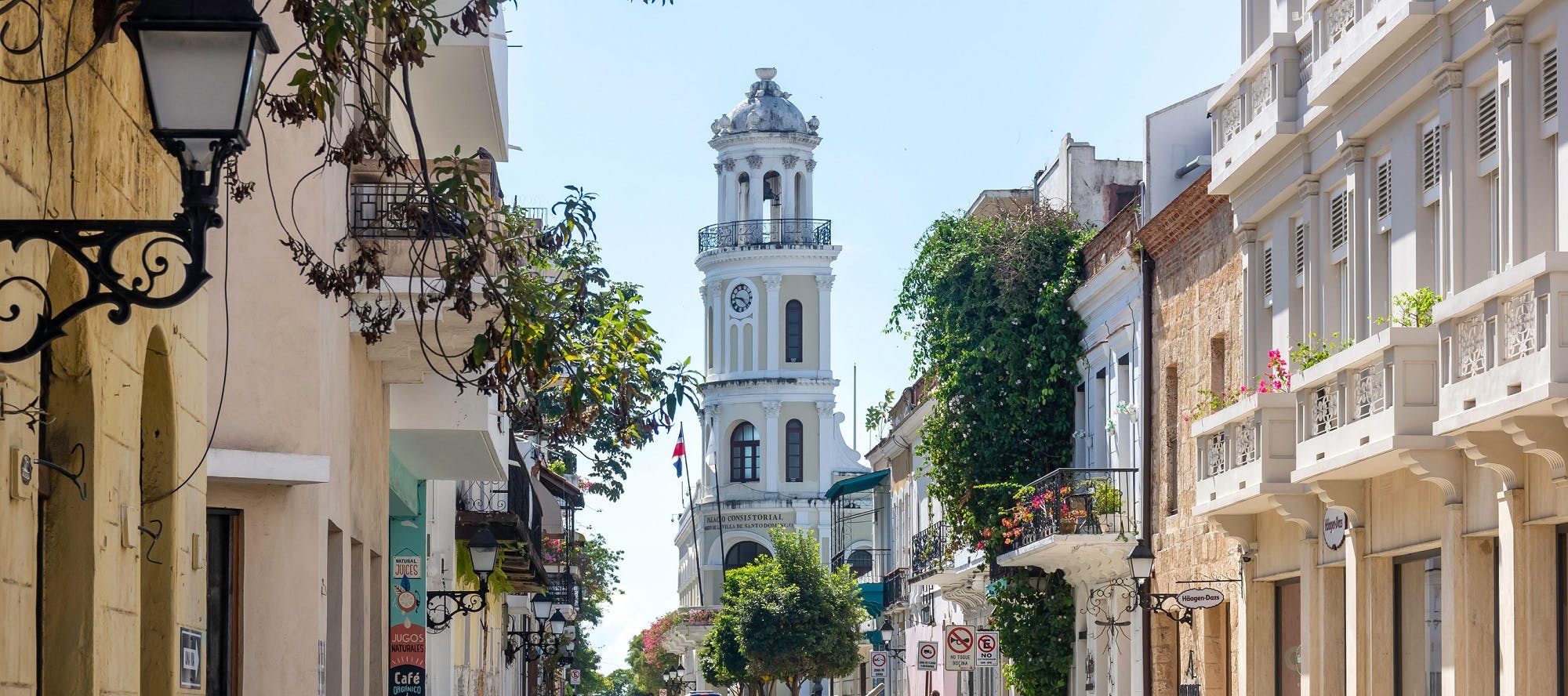 View of a white tower with a cupola