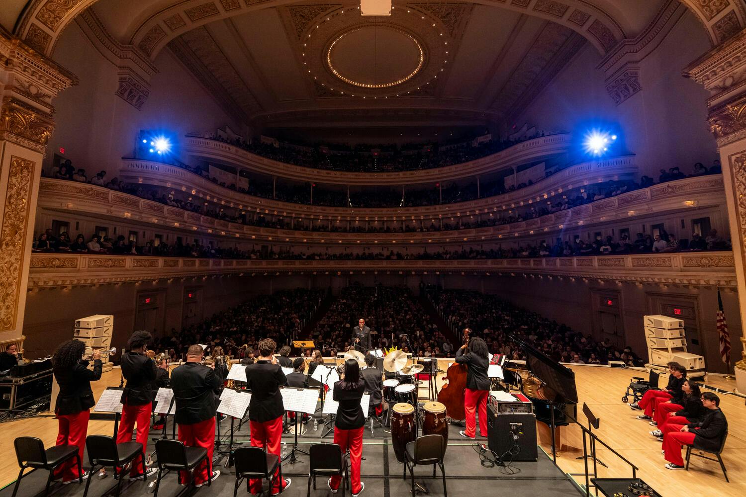 View from the Carnegie Hall stage as the Jazz band performs, looking over the audience