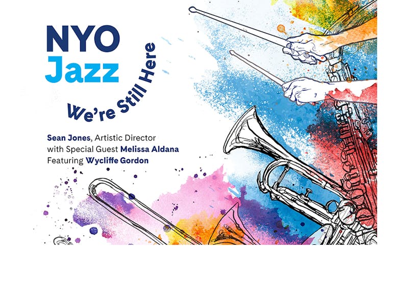 "NYO Jazz We're Still Here" album cover with illustrations of trumpets, trombones, saxophones, and hands holding drumsticks