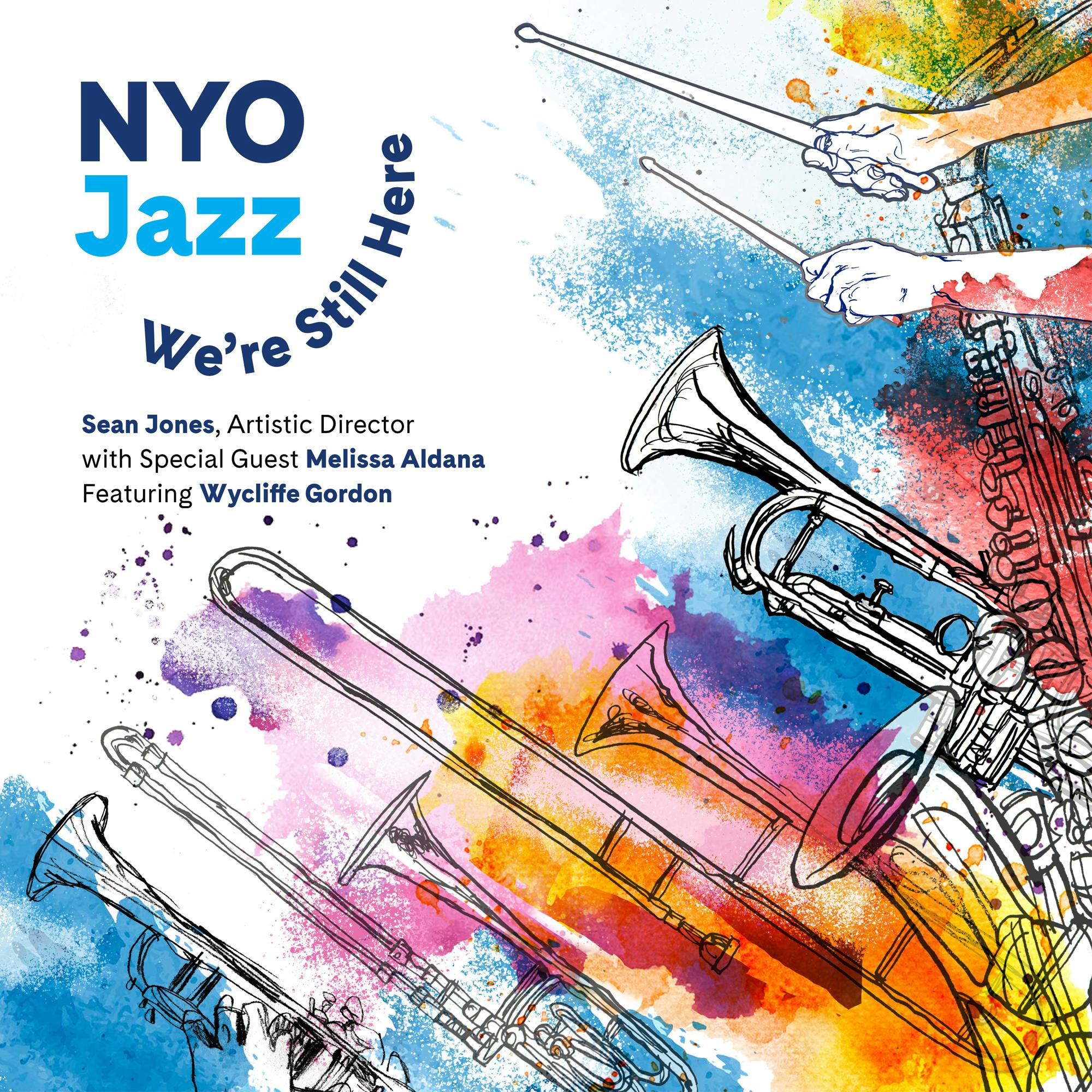 "NYO Jazz We're Still Here" album cover with illustrations of trumpets, trombones, saxophones, and hands holding drumsticks