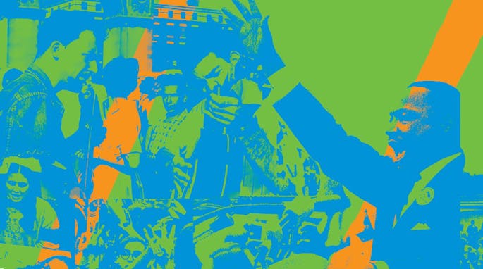 A graphic of blue, green, and orange images from the 1960s, including Martin Luther King Jr.