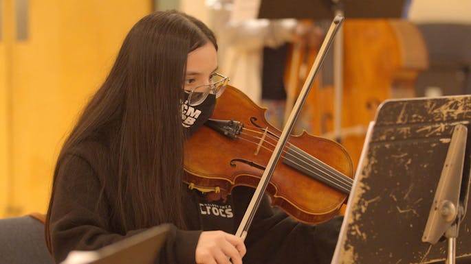 A young girl with long brown hair wearing a black mask plays the violin.