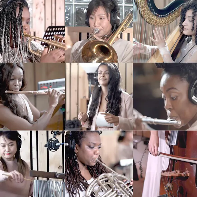 Female musicians play various instruments in a collage of photos: trumpet, trombone, harp, flute, chimes, french horn, and bass