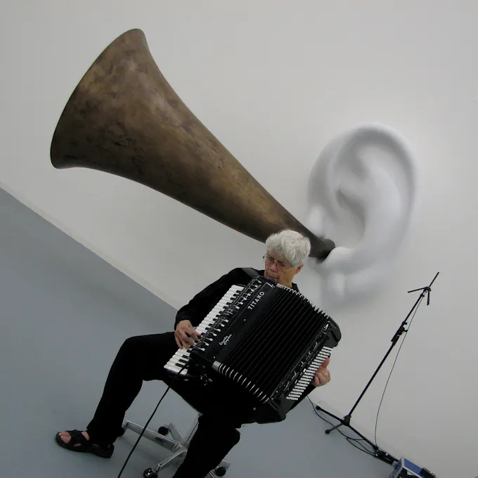 Pauline Oliveros with John Baldessari Sculpture