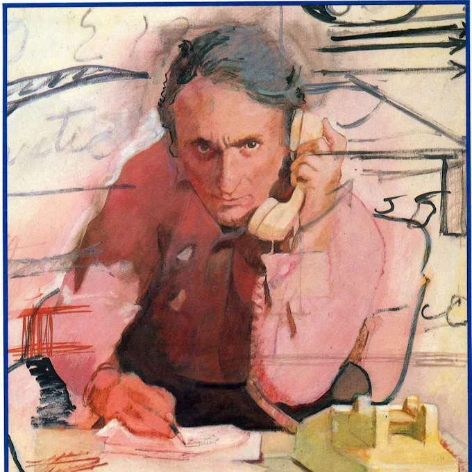 Illustration of a man with a phone to his ear as he writes