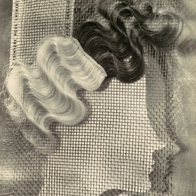 A crochet pattern of a woman's face with blonde and brunette hair