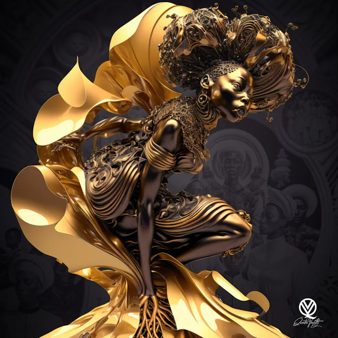 Golden figure of a black woman wearing a swirling gown and headdress
