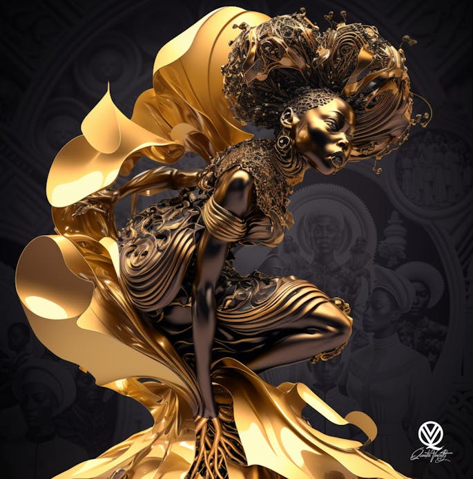 Golden figure of a black woman wearing a swirling gown and headdress
